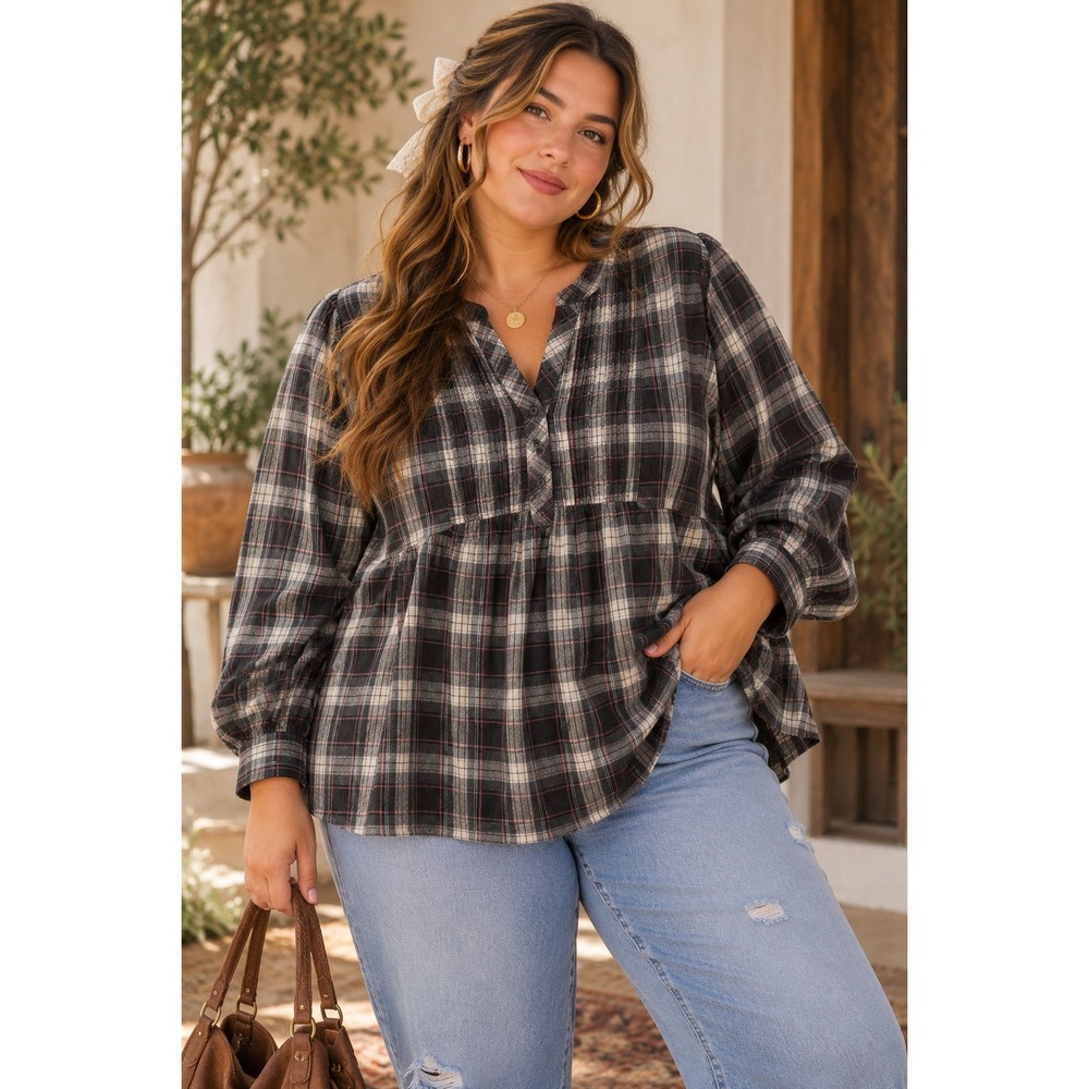 Dressbarn Plaid Flannel Tunic Blouse Womens 22/24 Black Pink Cotton Cottagecore